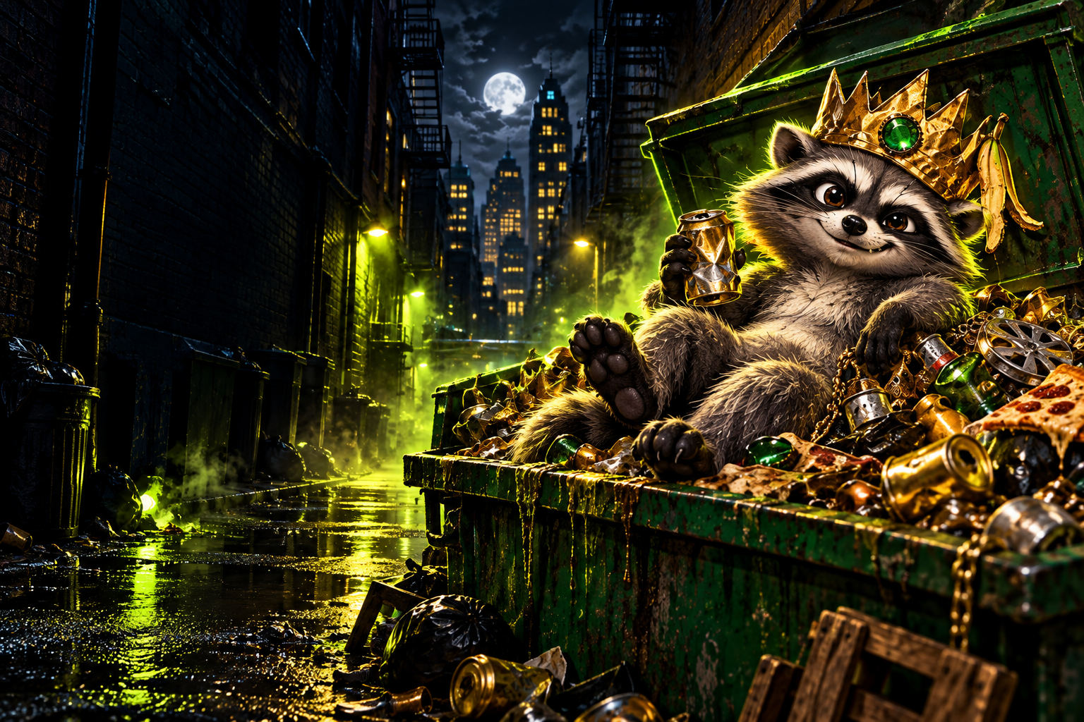 Trashley the raccoon, wearing a tin-can crown on his dumpster throne